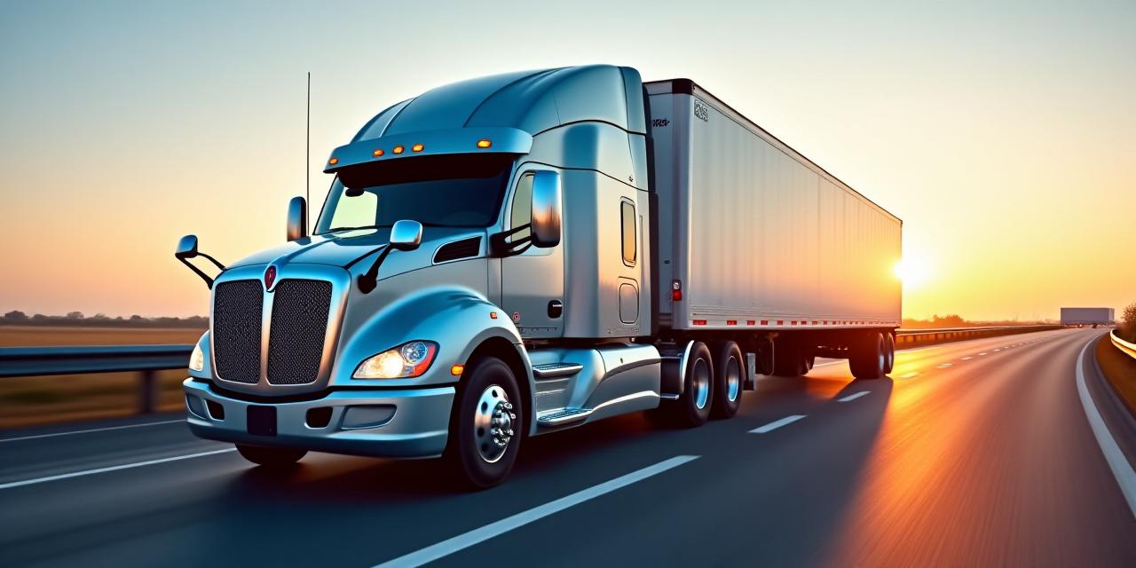A sleek, modern logistics truck cruising through a scenic highway at sunset