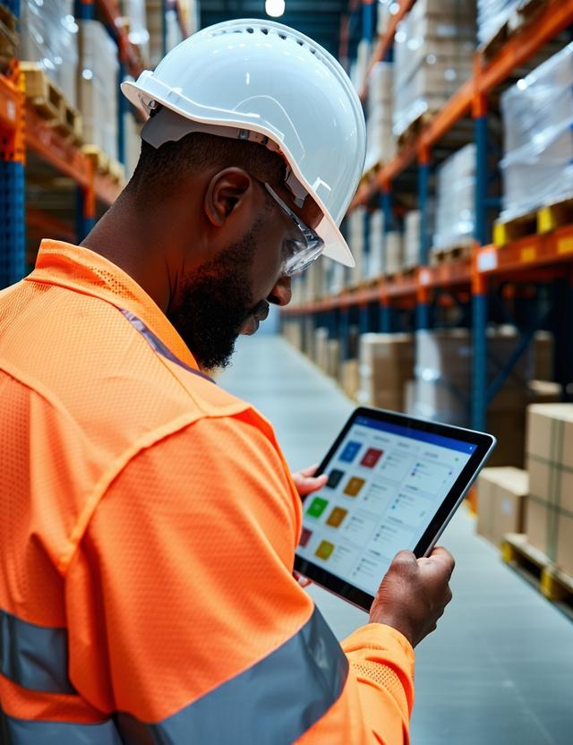 Worker using a tablet to manage inventory in a clean warehouse