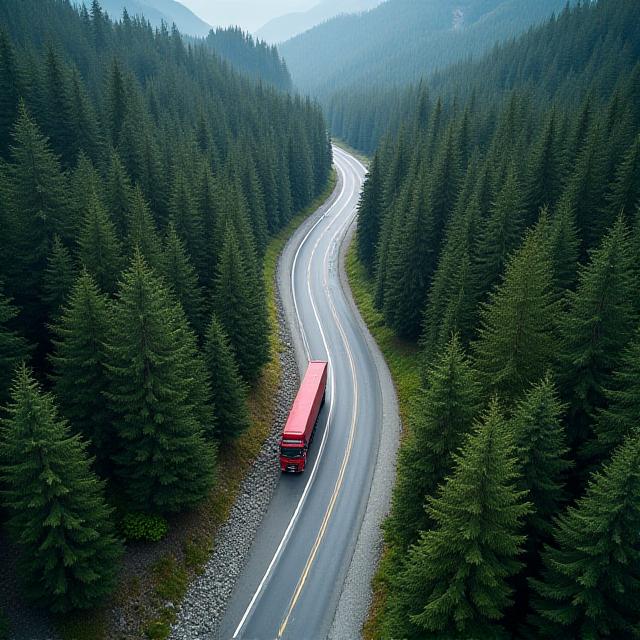 Truck driving through lush green forest road from high angle