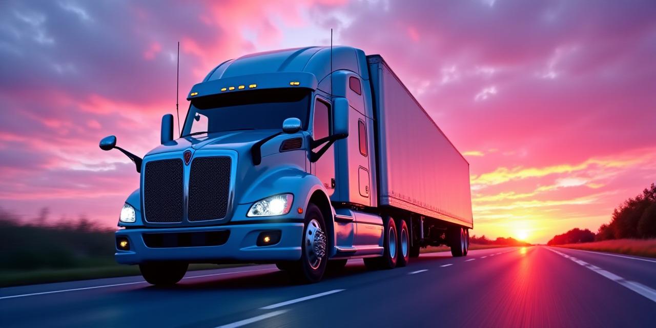 Modern logistics truck moving through a vibrant sunset