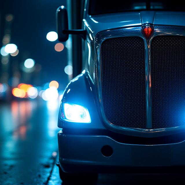 Close up of truck headlights and grill in artistic night lighting