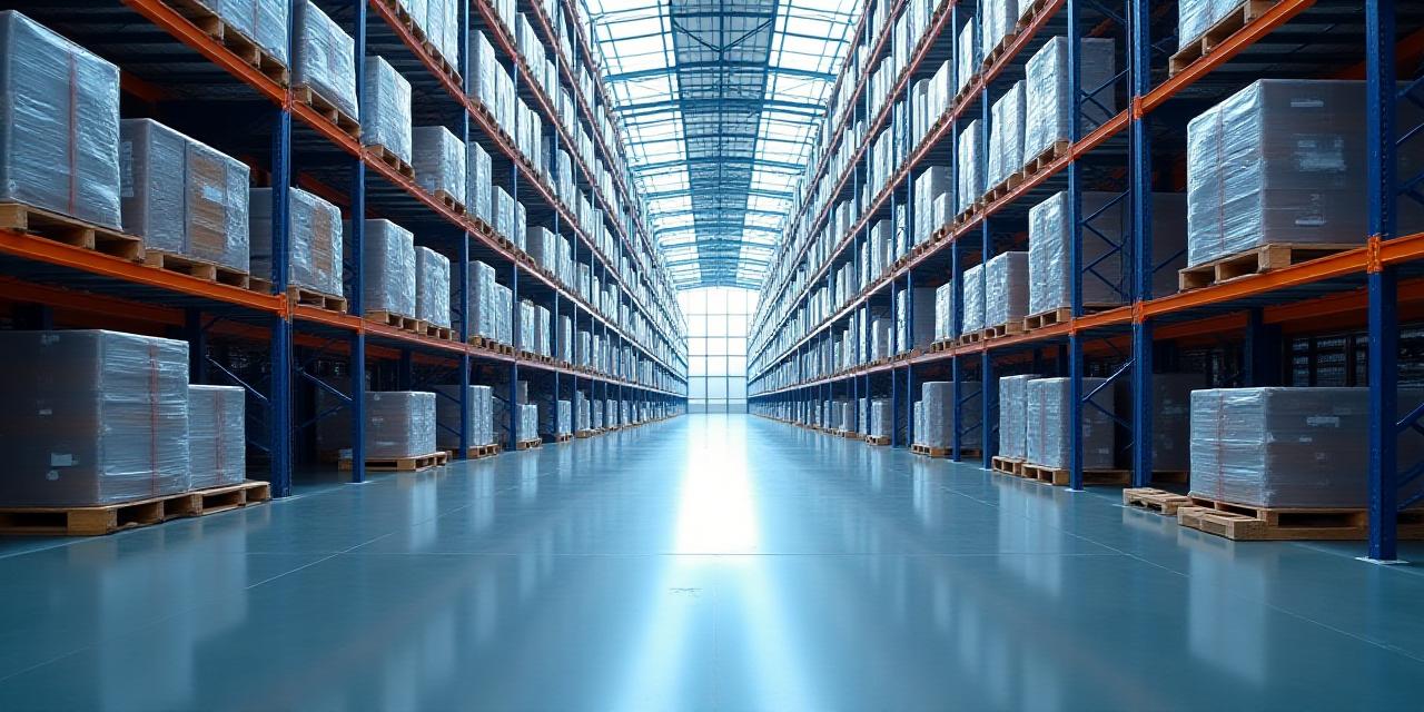 Modern automated logistics warehouse with high shelves